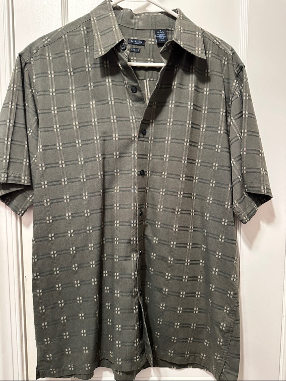 Van Heusen Olive Plaid Short Sleeve Button-Down Shirt